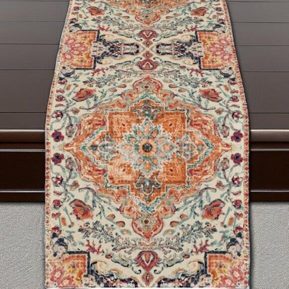 Boho Table Runner Bohemian Cottage Farmhouse Decor Dining Cloth Orange 13x36 - Picture 2 of 8
